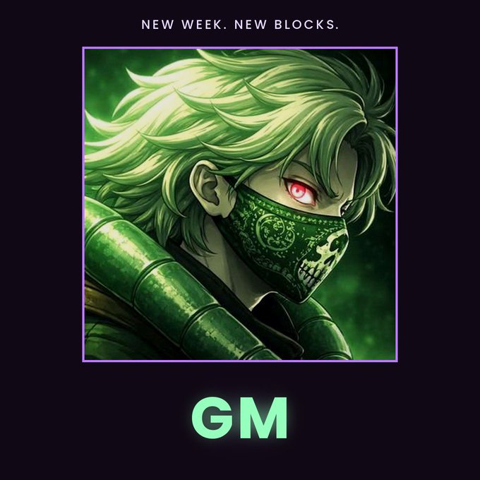 An anime-style illustration of a character with green hair, red eyes, and a skull-patterned bandana mask, with the text "NEW WEEK. NEW BLOCKS." above and "GM" below in green.