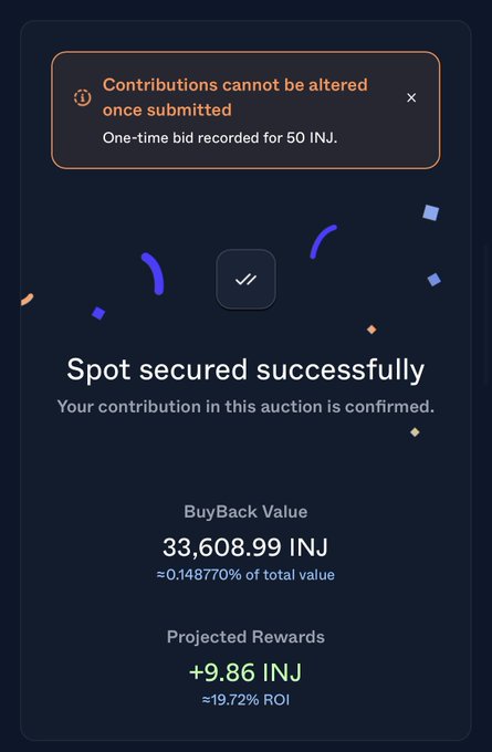 Another auction confirmation screen showing 'Spot secured successfully' with a BuyBack Value of 33,608.99 INJ and Projected Rewards of +9.86 INJ for a 50 INJ bid.