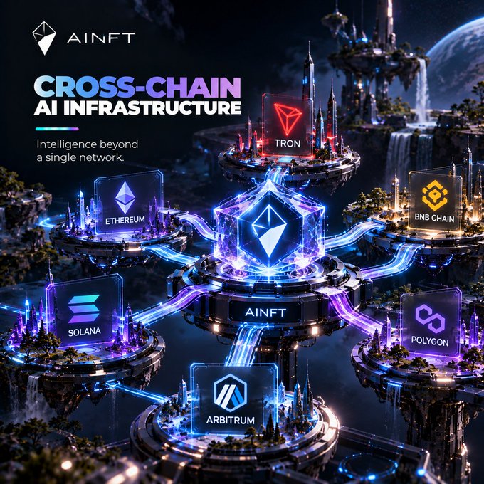 A promotional image for AINFT's "CROSS-CHAIN AI INFRASTRUCTURE" showing a futuristic cityscape connecting blockchain networks including Ethereum, Tron, BNB Chain, Solana, Polygon, and Arbitrum.