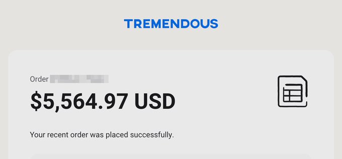 A confirmation email from Tremendous shows a successful payout of $5,564.97 USD for an order, likely related to the Rebase winners being notified to check their iCloud for this email.