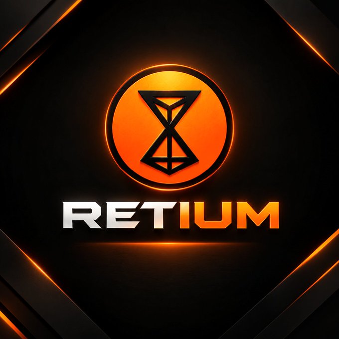 A digital logo featuring an hourglass inside a glowing orange circle with the text "RETIUM" below it, set on a dark hexagonal background.