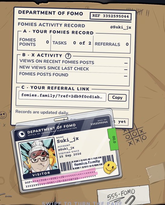 A 'Department of FOMO' official document and visitor ID card for user @Suki_jx, showing 0 Fomies points, 0 tasks completed, and 0 referrals, with a referral link to fomies.family.