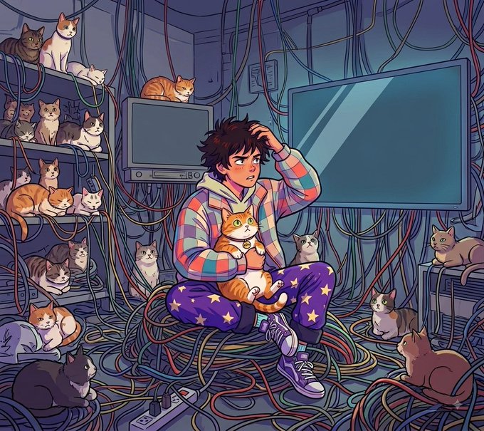 A frustrated young person sits in a tangled mess of wires and screens, surrounded by numerous cats, illustrating the overwhelming confusion of trying to navigate crypto market disparities—specifically the puzzling gap between $HMM's 20M market cap and the more undervalued $WIRE superbot project at 1M.