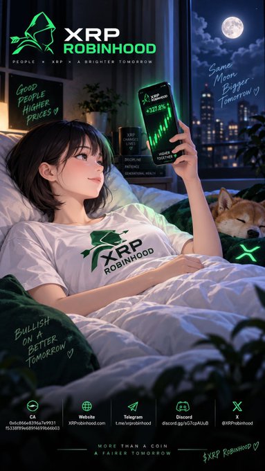 The image shows an anime-style girl in bed holding a smartphone displaying XRP Robinhood at +327.0%, accompanied by a Shiba Inu, with "XRP ROBINHOOD" branding, "PEOPLE × XRP × A BRIGHTER TOMORROW," "GOOD PEOPLE HIGHER PRICES," and contact details (CA: 0xc6966e69a67a7931, Website: XRProbinHood.com, Telegram, Discord) overlaid on the scene. 

This visually reinforces the post's message by depicting the optimism and community-driven conviction behind the $XRP Robinhood token—symbolizing "a brighter tomorrow" through the green bullish candle on her phone, the encouraging text "BULLISH ON A BETTER TOMORROW," and the project's slogan "MORE THAN A COIN, A FAIRER TOMORROW."