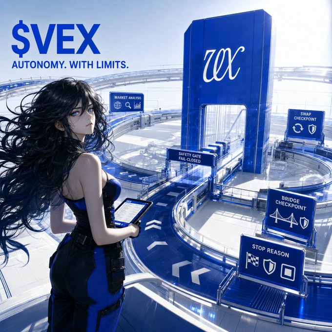 A stylized illustration features a dark-haired woman in a black and blue outfit holding a tablet, overlooking a futuristic blue-themed cityscape with labeled checkpoints including "MARKET ANALYSIS," "SAFETY GATE FAIL CLOSED," "SWAP CHECKPOINT," "BRIDGE CHECKPOINT," and "STOP REASON," alongside the "$VEX — AUTONOMY. WITH LIMITS." branding. The image visually represents $VEX's controlled, checkpoint-based autonomous trading framework, mirroring the post's description of evaluating opportunities through connected AI safeguards.
