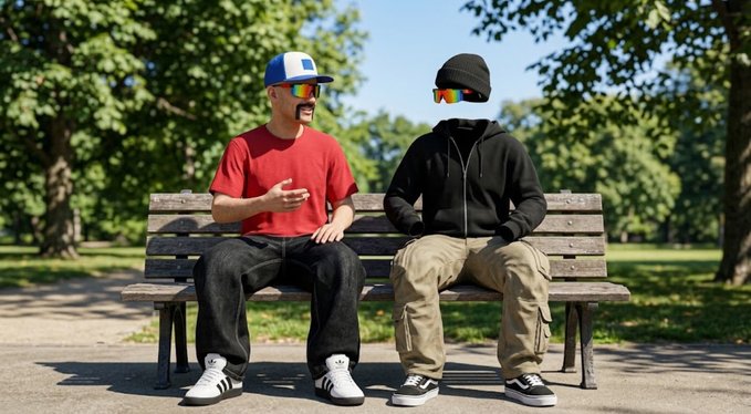 Two stylized figures wearing reflective sunglasses and streetwear sit together on a park bench in a sunlit, tree-lined setting.