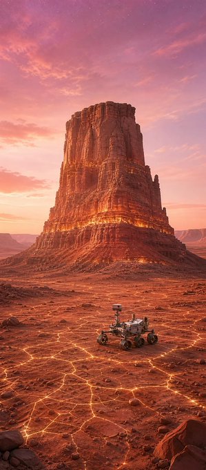 A lone Mars rover sits before a towering red rock formation under a pink twilight sky, with glowing lava-like cracks sprawling across the cracked ground—evoking an otherworldly, end-of-day stillness that mirrors the post's peaceful "good night" farewell to the crypto community.