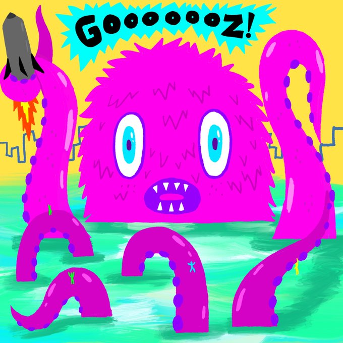 A colorful cartoon illustration of a fuzzy pink monster with tentacles emerging from teal water, with the word 'Gooooooz!' displayed in a jagged speech bubble at the top.