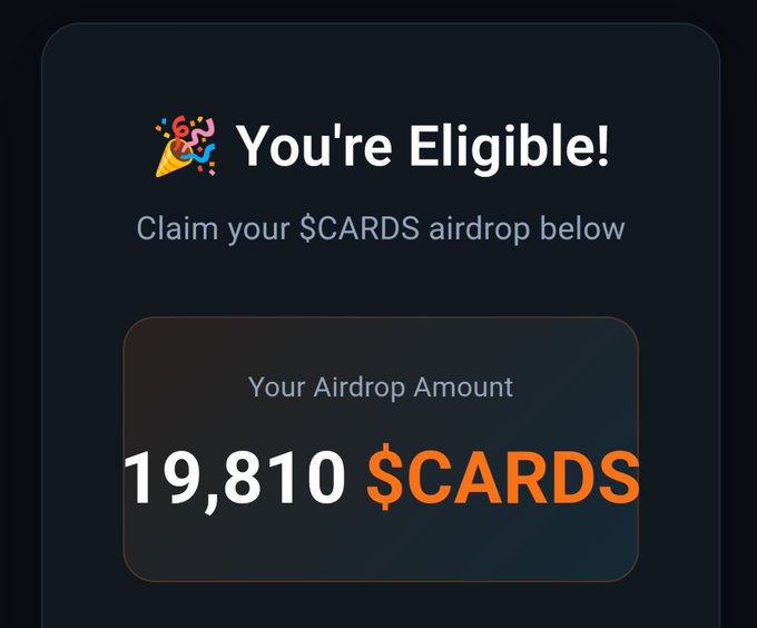 A screenshot showing an airdrop eligibility notification for 19,810 $CARDS tokens, which the post notes is worth approximately $2.7k at current prices, attributed to participating with @Collector_Crypt.