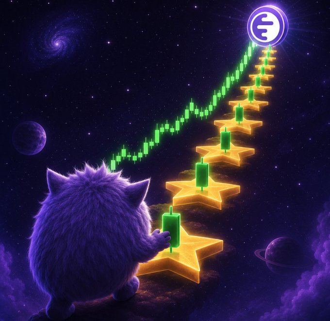 A fluffy purple cat stands on a cosmic staircase of golden stars, each topped with green bullish candlesticks ascending toward a glowing "$" symbol, while a green price chart traces its vertical climb through the starry sky—perfectly visualizing "vertical accumulation" and "$INK" loading toward new highs.