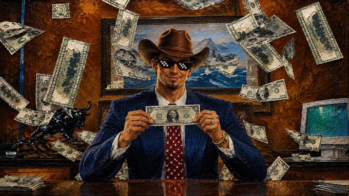 A man in a suit, red tie, sunglasses, and cowboy hat holds up a dollar bill while money rains down around him in a richly decorated office with a bull statue.