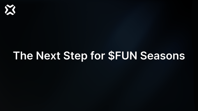 The image is a dark slide featuring white text that reads "The Next Step for $FUN Seasons," with the X (Twitter) logo in the top left corner, serving as a teaser graphic for the announcement about introducing Manager Buybacks as part of the new $FUN Seasons system.