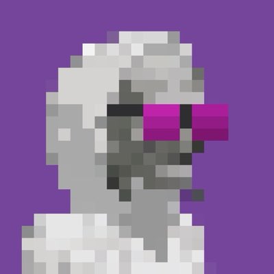 A pixel art image of a skeletal figure wearing pink sunglasses against a purple background.