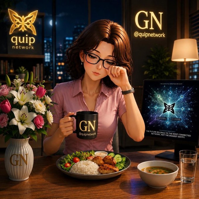 A digital illustration of a woman with glasses eating a meal at night, featuring the "Quip network" logo in the top left and "GN @quipnetwork" branding on her mug, vase, and a nearby monitor displaying a blockchain network.