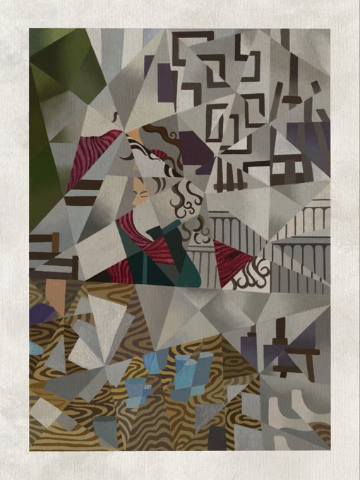 A figure with curly hair and a magenta scarf emerges through fractured, geometric panels of patterns and muted tones, reflecting the fragmented style of this digital hand-painted 1/1 piece titled "Broken," listed for 0.01 ETH by @TransientLabs.