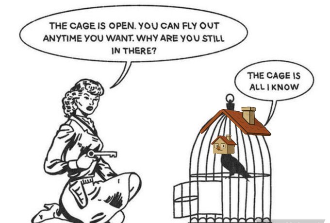 A black and white comic illustration where a kneeling woman with a key asks a bird in an open cage 'THE CAGE IS OPEN. YOU CAN FLY OUT ANYTIME YOU WANT. WHY ARE YOU STILL IN THERE?' and the bird replies 'THE CAGE IS ALL I KNOW.'