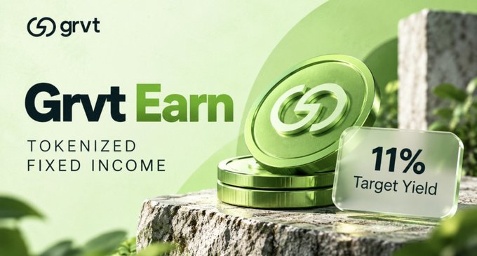 A green promotional graphic for “grvt Earn” advertises “TOKENIZED FIXED INCOME” with an “11% Target Yield,” shown beside a green coin and product imagery.