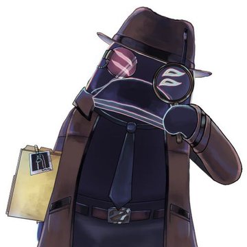 An illustration of a character wearing a dark trench coat and fedora, with pink and white visor glasses reflecting a logo, holding a folder labeled 'Fli'.