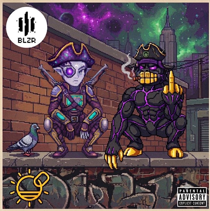 The image is pixel art album artwork featuring two pirate-hat-wearing characters—one a purple robotic figure and the other a muscular beast with gold teeth—both standing on a brick wall against a starry night city skyline, with "BL2R" branding in the corner and a "Parental Advisory Explicit Content" label.

This artwork relates to the post as the promotional cover for BlazuraX's NFT drop "GM," releasing today as a "Good Morning" themed collection available exclusively on the SolOnChain marketplace.