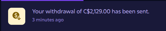 A dark-themed notification displays a confirmation message reading "Your withdrawal of C$2,129.00 has been sent" timestamped "3 minutes ago," accompanied by a dollar sign icon. The post asks viewers to comment with the Roobet Solana address, suggesting the image serves as proof of a successful cashout that others would need to mimic.