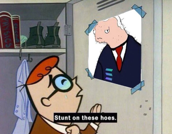 A meme from the cartoon Dexter's Laboratory showing Dexter looking at a poster of a stern military figure, with the caption 'Stunt on these hoes.'