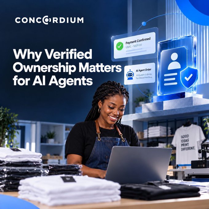 A Concordium promotional graphic reads “Why Verified Ownership Matters for AI Agents,” with labels “Payment Confirmed USD - $300.00” and “AI Agent Order,” alongside a small-business owner using a laptop.