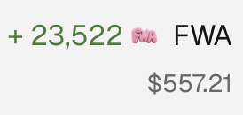 A simple text graphic showing a portfolio gain of '+ 23,522' with a pink pig emoji, labeled 'FWA' at a value of $557.21.