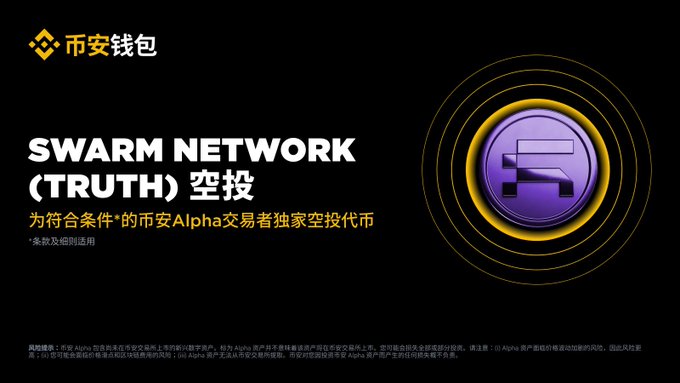 Binance Wallet promotional graphic announcing the Swarm Network (TRUTH) exclusive airdrop for eligible Binance Alpha traders (256+ points), featuring the Binanced logo and a purple token badge. The post reveals users can claim 2,501 TRUTH tokens on the Alpha activity page, with the points threshold potentially lowering if rewards aren't fully distributed.