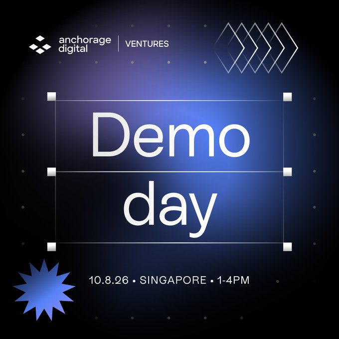 A promotional graphic for an 'anchorage digital | VENTURES' Demo Day event scheduled for 10.8.26 in Singapore from 1-4 PM.
