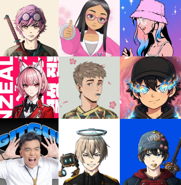 A 3x3 grid of anime-style avatars and characters with various designs including a pink-haired girl, a character with glasses, and a boy with flaming blue eyes.