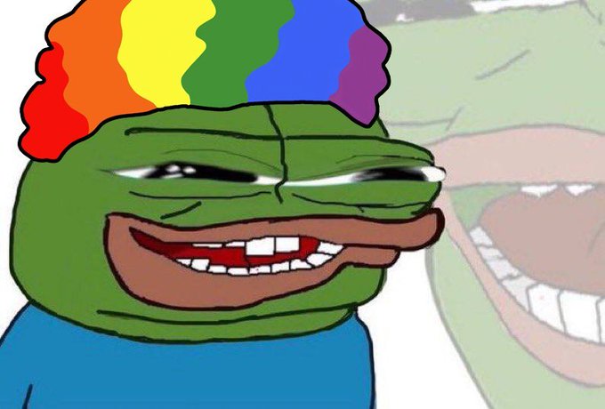 Meme image of the 'Brainlet Pepe' or similar green frog character with a rainbow-colored afro, showing a smug expression with a faded duplicate in the background.