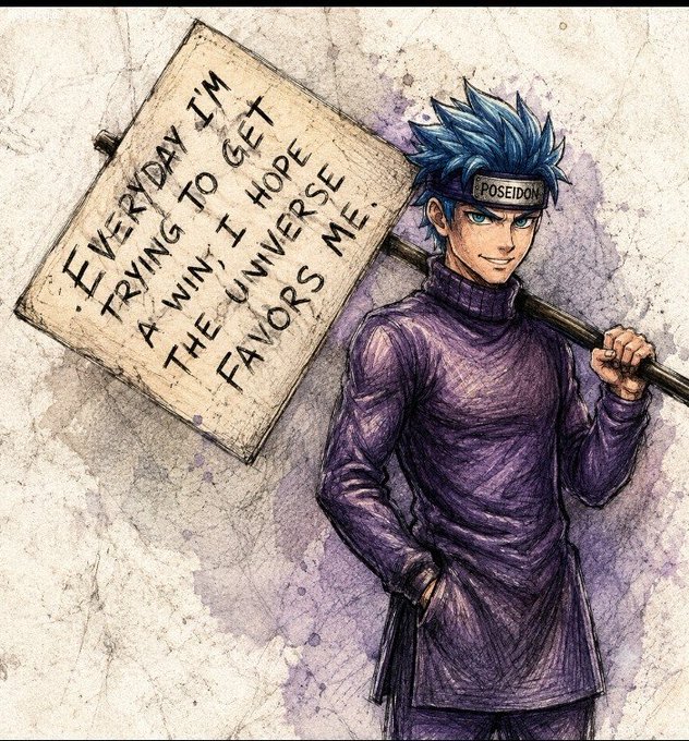 The image is an anime illustration of a spiky blue-haired character wearing a "POSEIDON" headband and a purple turtleneck, holding a handwritten note that reads: "EVERYDAY IM TRYING TO GET A WIN, I HOPE THE UNIVERSE FAVORS ME."

The "hunting for wins" energy in the handwritten note perfectly matches the post's locked-in, optimistic mindset heading into the new week.