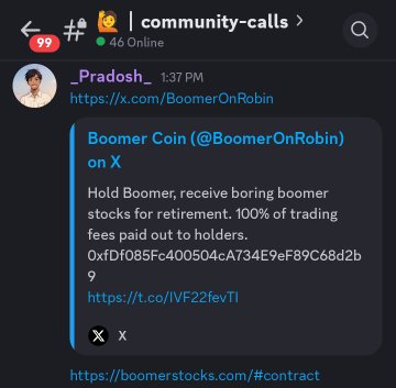A Discord screenshot from the "community-calls" channel (99 unread, 46 online) shows user _Pradosh sharing a link to Boomer Coin (@BoomerOnRobin) on X, which claims to distribute trading fees to holders, along with the contract address 0xfDf085Fc400504cA734E9eF89C68d2b9 and links to boomersocks.com. The post celebrates Pradosh's community call as "alpha," highlighting the token being minted for under $20 and now reaching $50+.
