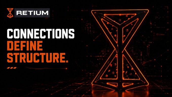 A promotional graphic featuring a glowing orange geometric hourglass-like structure with the text 'RETIUM' and 'CONNECTIONS DEFINE STRUCTURE.' on a dark digital background.