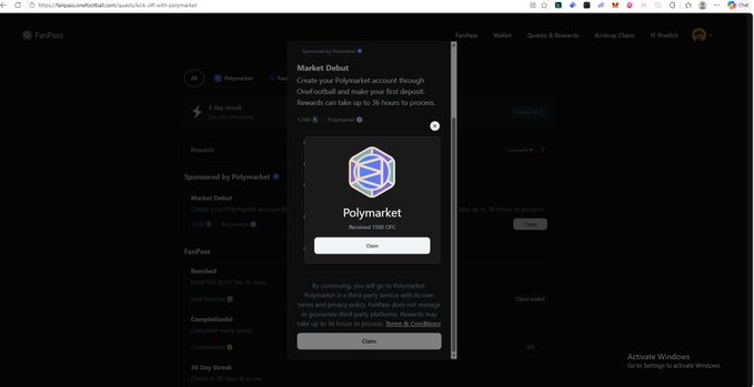 A screenshot of the Polymarket website shows a pop-up window reporting a 'Market Deboot' (deboot) on the FanPass platform, with a request to reconnect a wallet.