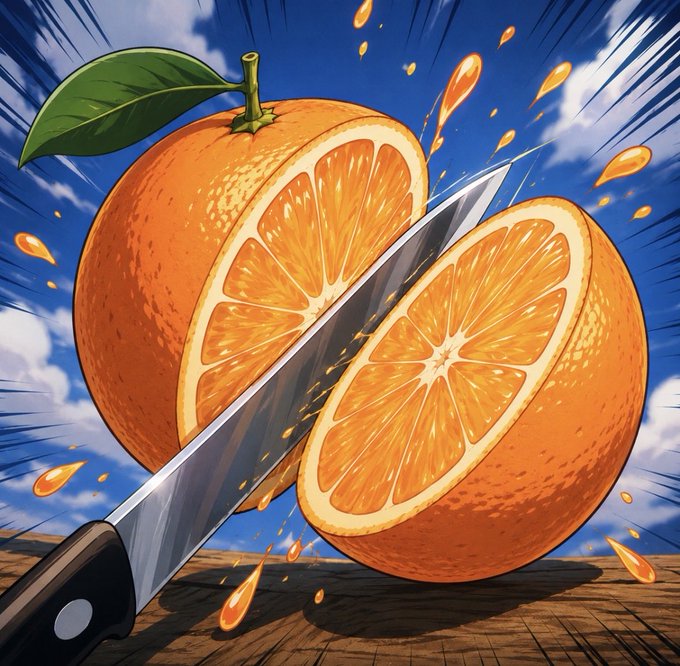 An anime/manga style illustration of a knife slicing through a juicy orange in half, with juice droplets splattering against a blue sky background.