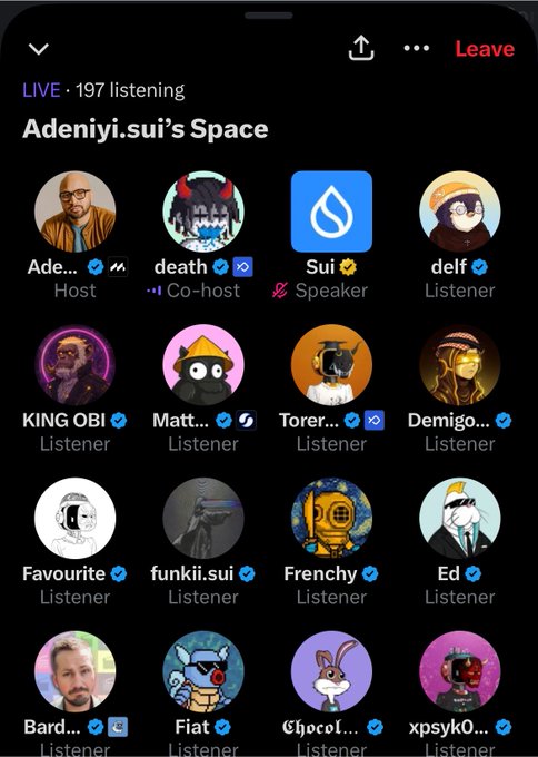A screenshot of a Twitter Spaces audio room titled 'Adeniyi.sui's Space' hosted by Ade..., with 197 listeners, showing Sui as a Speaker and various users listed as Co-host and Listeners.