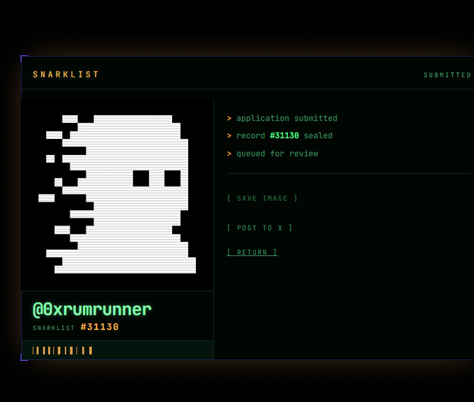A dark-themed web interface titled "SNARKLIST" showing a pixelated ghost-like skull, the handle "@0xrumrunner", "SNARKLIST #31130", and status text including "application submitted", "record #31130 sealed", and "queued for review".