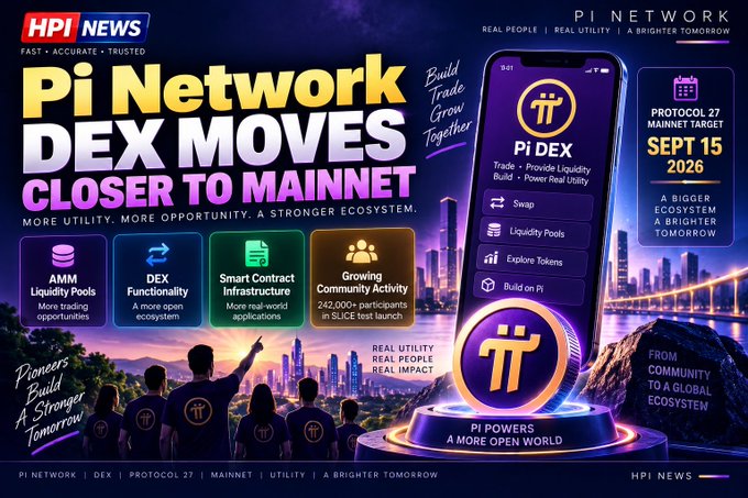 A promotional graphic for 'Pi Network DEX MOVES CLOSER TO MAINNET' by HPI NEWS, highlighting AMM Liquidity Pools, DEX Functionality, Smart Contract Infrastructure, and a Protocol 27 Mainnet target of September 15, 2026.