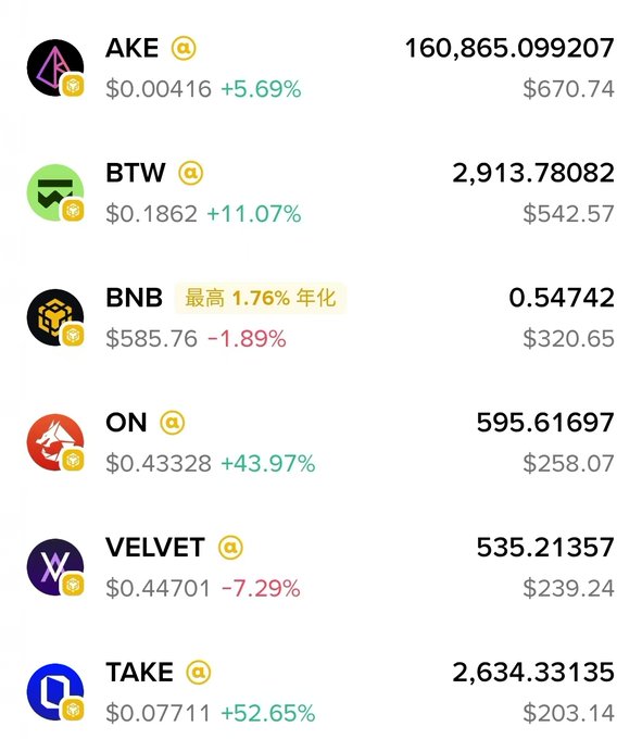 A cryptocurrency portfolio tracking app displays holdings and 24-hour price changes for AKE (+5.69%), BTW (+11.07%), BNB (-1.89%), ON (+43.97%), VELVET (-7.29%), and TAKE (+52.65%), with total portfolio values ranging from $203.14 to $670.74. The image supports the post's claim about an "alpha monster-catching portfolio" achieving significant multiples (13x for AKE, 10x for BTW, 5x for ON, and 4x each for Velvet and Take), illustrating the rising net value of these trending altcoins.