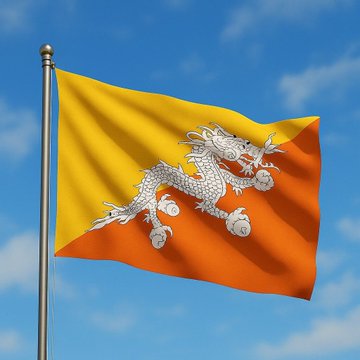 The flag of Bhutan waving on a flagpole against a blue sky, featuring a yellow and orange diagonal split with a white dragon in the center.