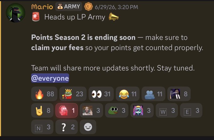 A Discord message from 'Mario' in the 'LP Army' channel dated 6/29/26, stating 'Points Season 2 is ending soon — make sure to claim your fees so your points get counted properly.'