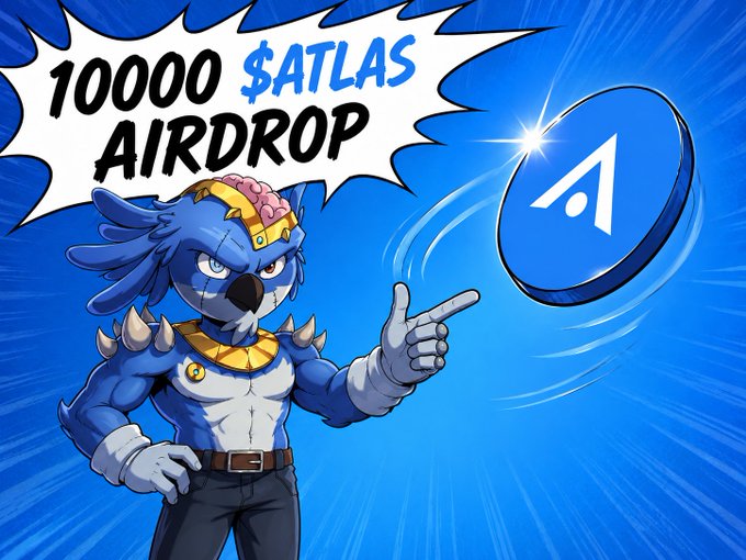 An illustration of a muscular blue anthropomorphic character with a spiked collar points toward a glowing ATLAS coin, with a speech bubble reading "10000 $ATLAS AIRDROP," visually representing the special token distribution to PERPs NFT holders mentioned in the post.