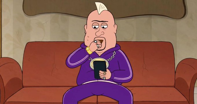 A cartoon character with a white mohawk, wearing a purple tracksuit and gold chain, sits on a brown couch brushing his teeth while looking at a smartphone.