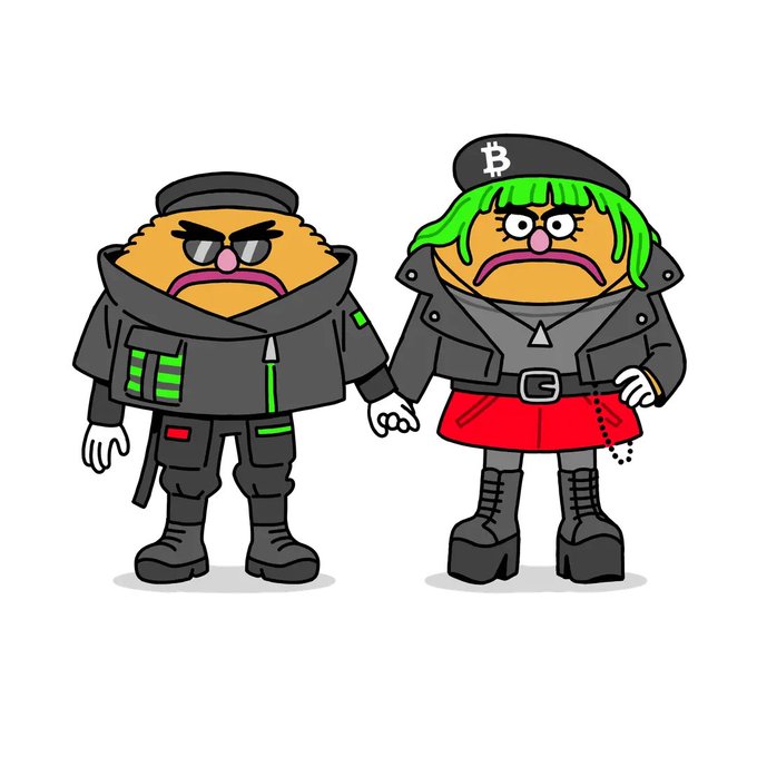 A cartoon illustration of two angry-looking cookie characters dressed in black leather jackets and boots; the right one wears a beret with a Bitcoin symbol and a red skirt.