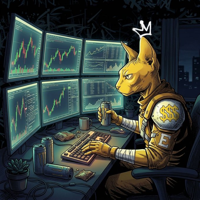 An illustrated artwork of a golden anthropomorphic cat character with a crown symbol, sitting at a multi-monitor trading setup displaying candlestick charts, with an energy drink and a dollar-sign shoulder pad.