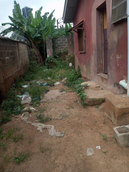 A photograph of a neglected outdoor area beside a building with red/maroon walls, featuring a dirt path littered with trash and debris, with banana trees visible in the background.