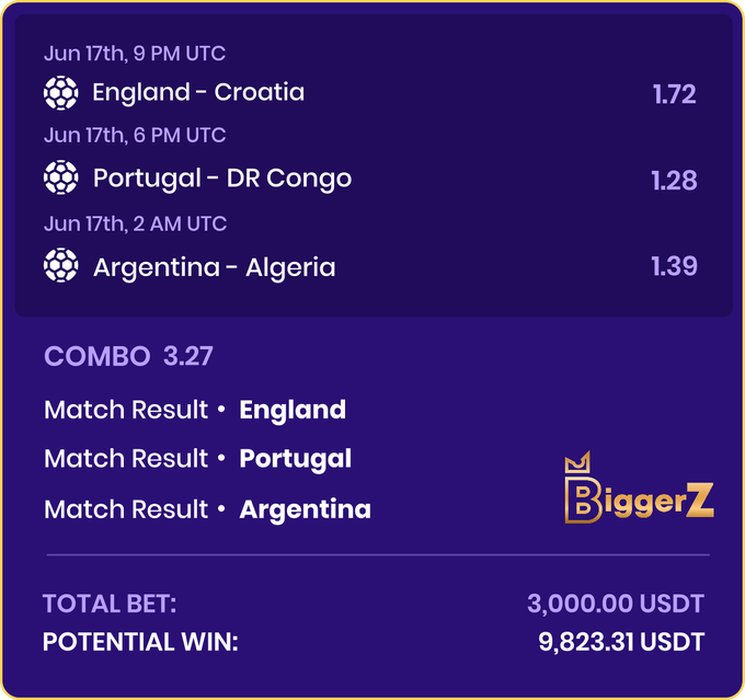 The image shows a purple background displaying information about soccer matches between different countries. The text indicates that there are four teams participating in the games, including England, Portugal, Argentina, and Uruguay. The match results show that England has won three out of their four matches, while Portugal has lost two. The post also mentions potential winnings for those who bet on the matches.