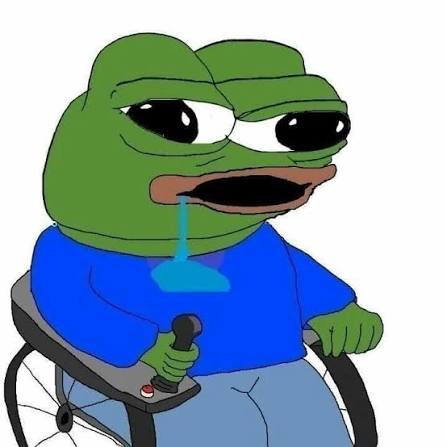 Cartoon illustration of a green frog-like character with drool, wearing a blue shirt and sitting in a wheelchair while holding a joystick.