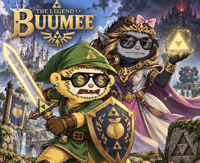 Promotional artwork for "The Legend of BUUMEE" featuring two cartoon animal characters dressed as a knight in green with dollar-sign sunglasses and a princess with a Triforce, set against a fantasy landscape with castles.